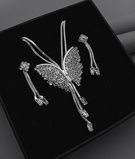 Silver Butterfly Pendant Necklace Set with Crystal Studded Earrings
