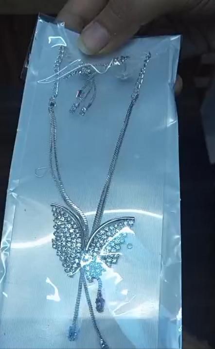 Silver Butterfly Pendant Necklace Set with Crystal Studded Earrings