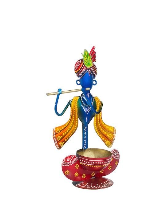 Blue and Red Krishna Idol Showpiece, Metal Decorative Statue