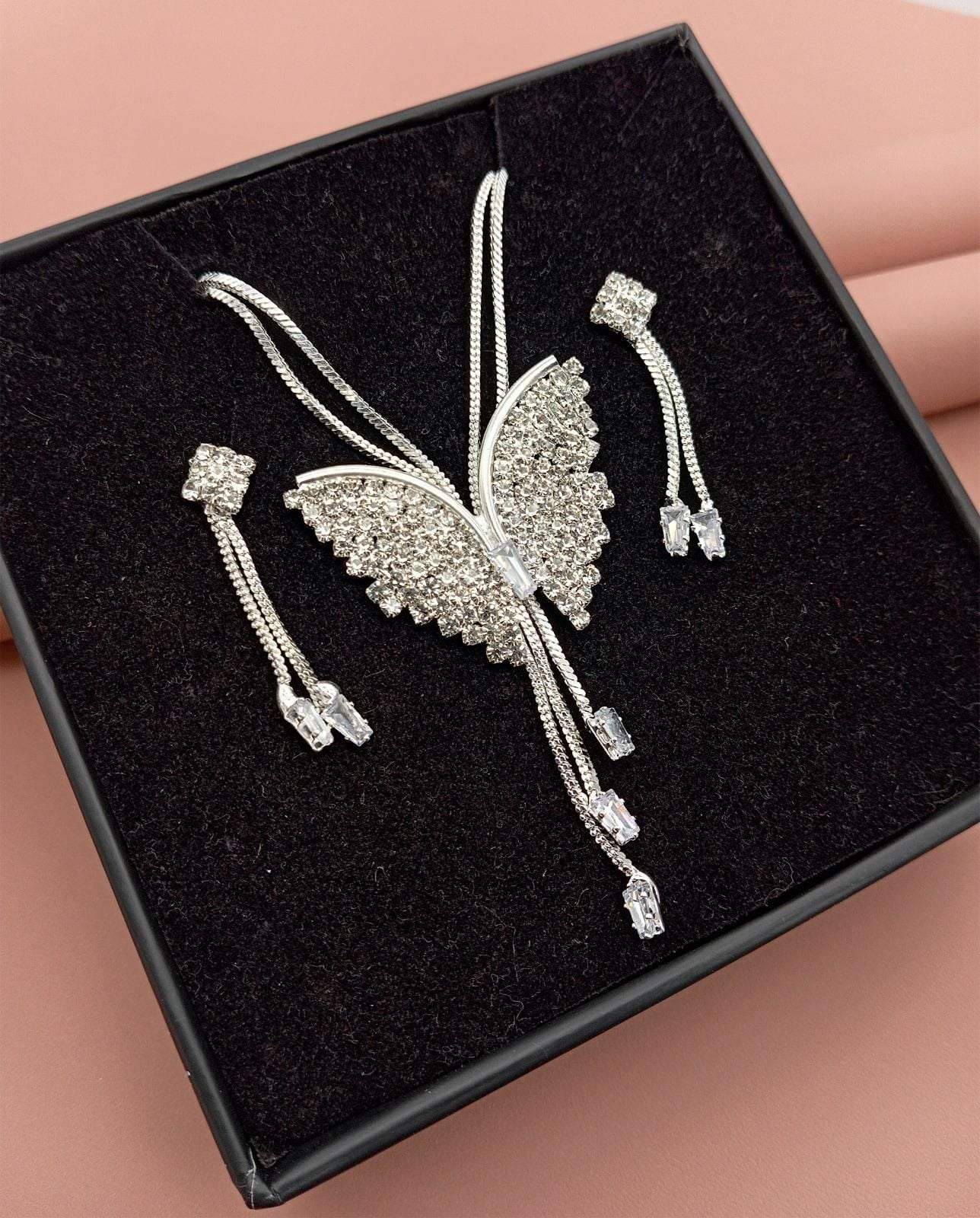 Silver Butterfly Pendant Necklace Set with Crystal Studded Earrings