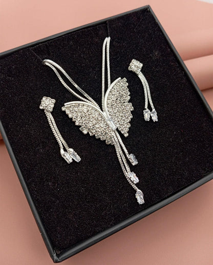 Silver Butterfly Pendant Necklace Set with Crystal Studded Earrings
