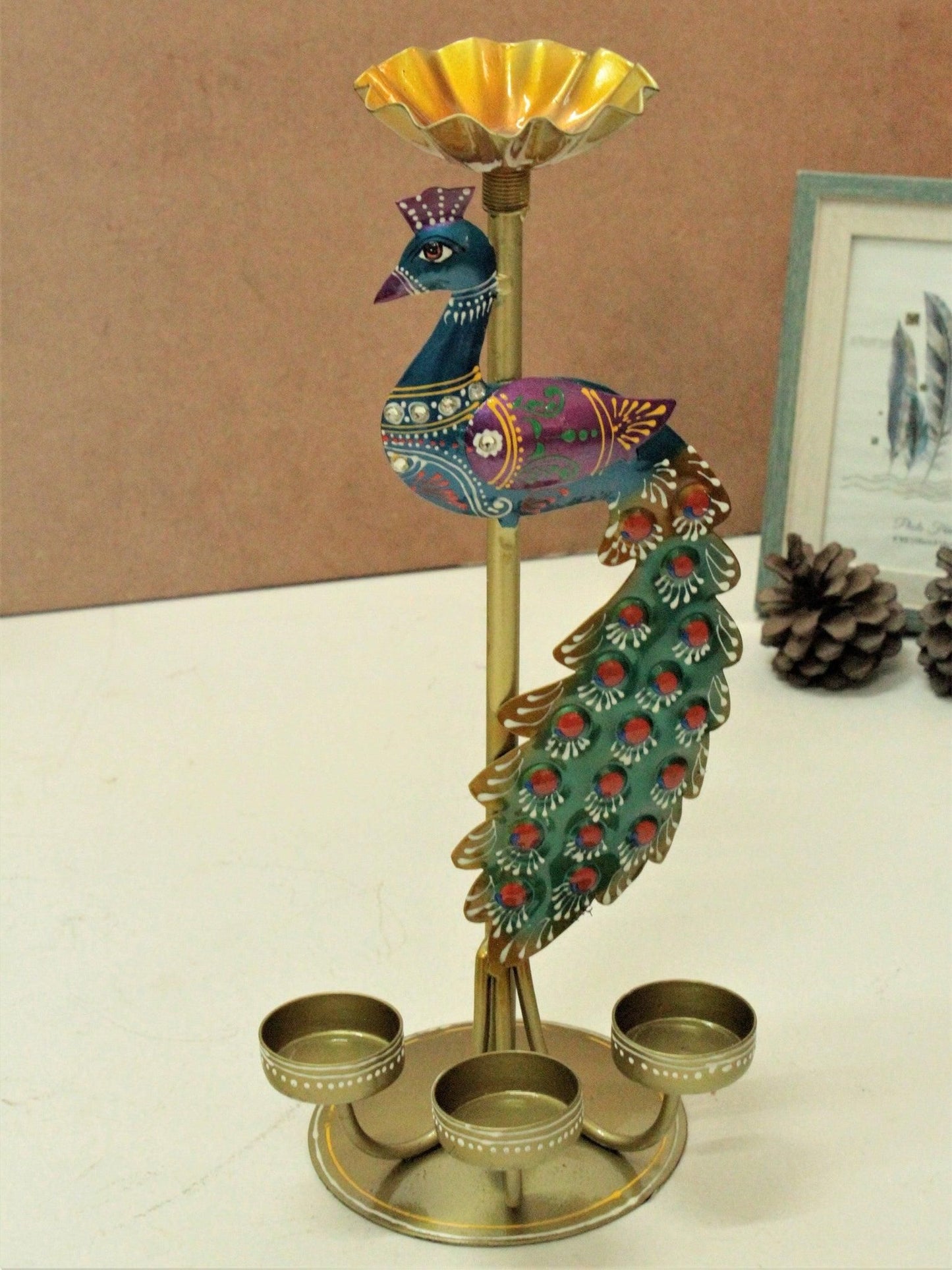 Crafted Peacock Tealight Holder, Metal Decorative Candle Stand