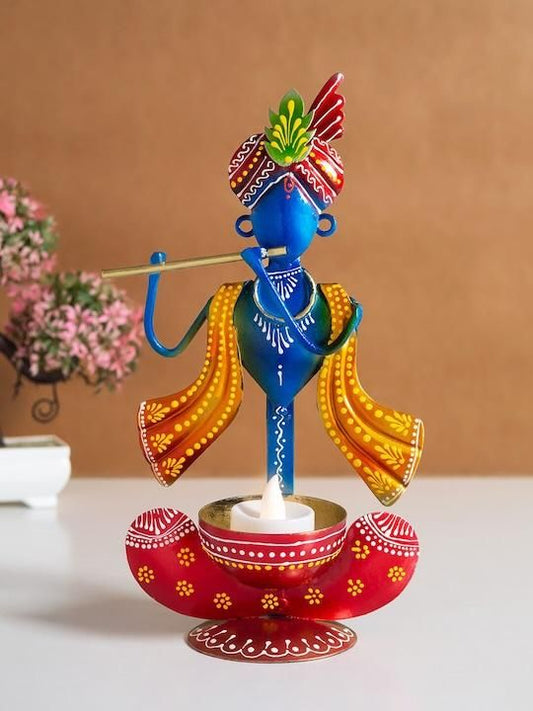 Blue and Red Krishna Idol Showpiece, Metal Decorative Statue