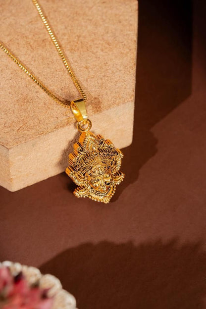 Durga Mataji Face Pendant with Chain, Golden Plated