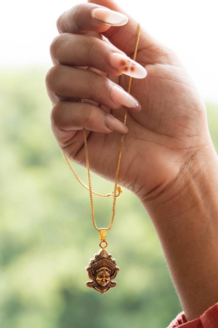 Durga Mataji Face Pendant with Chain, Golden Plated