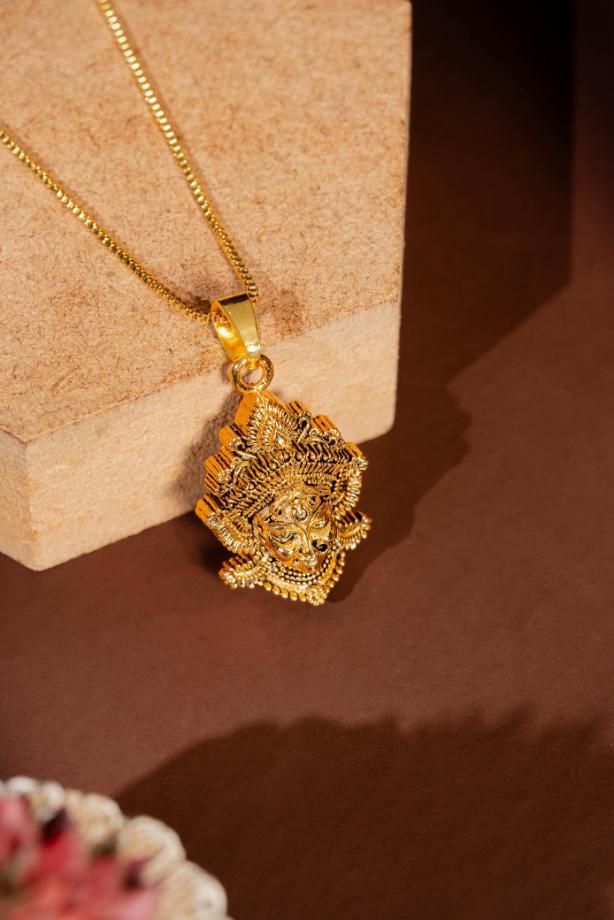Durga Mataji Face Pendant with Chain, Golden Plated
