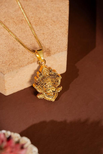 Durga Mataji Face Pendant with Chain, Golden Plated