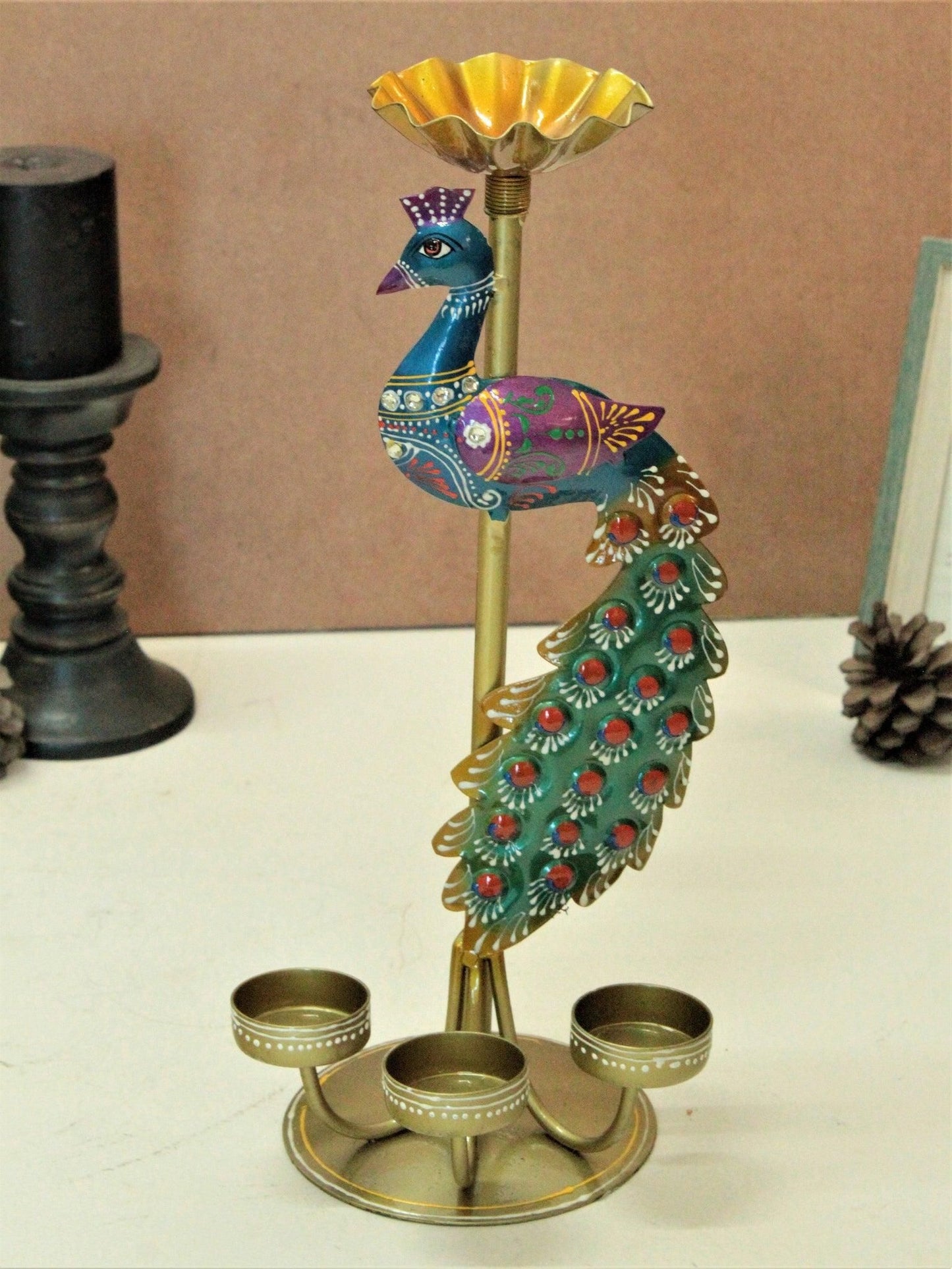 Crafted Peacock Tealight Holder, Metal Decorative Candle Stand