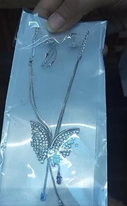 Silver Butterfly Pendant Necklace Set with Crystal Studded Earrings