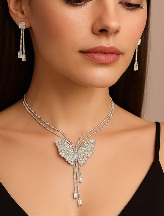 Silver Butterfly Pendant Necklace Set with Crystal Studded Earrings